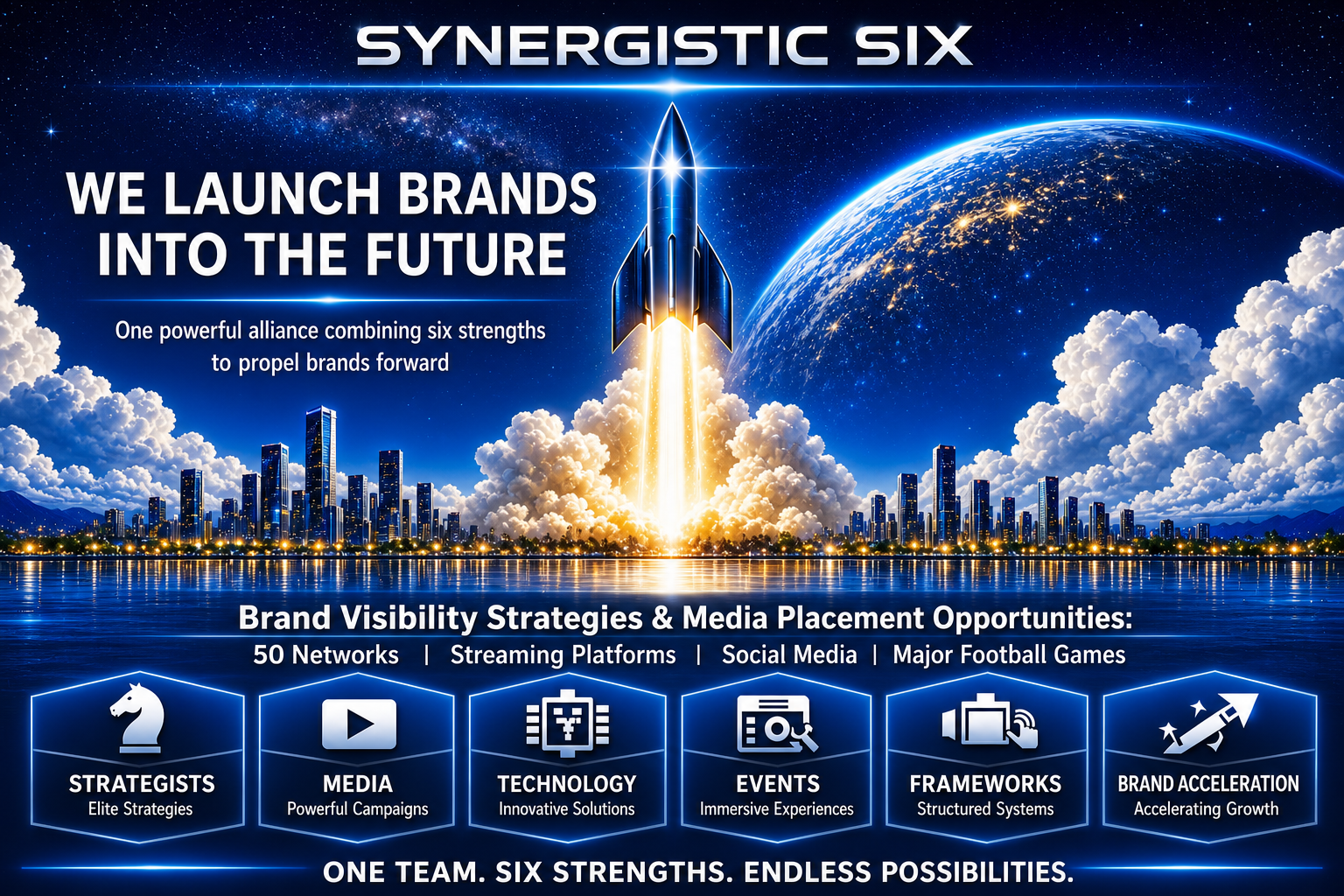 Rocket launching over futuristic city skyline