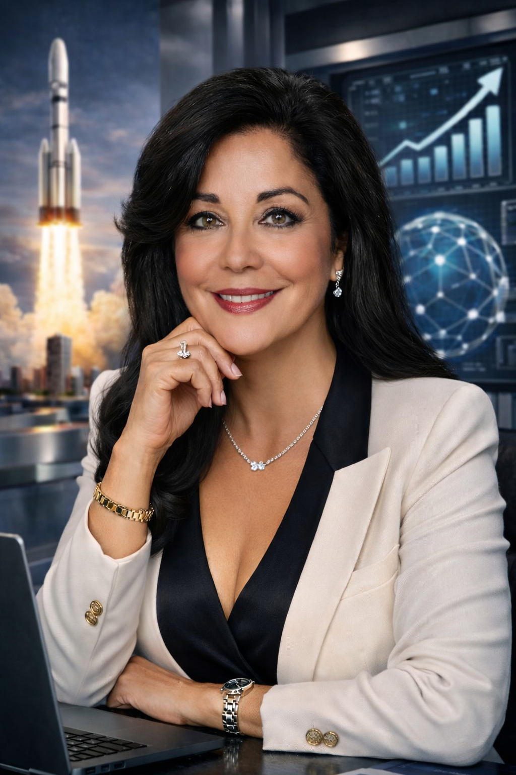 Smiling businesswoman at desk with rocket launch