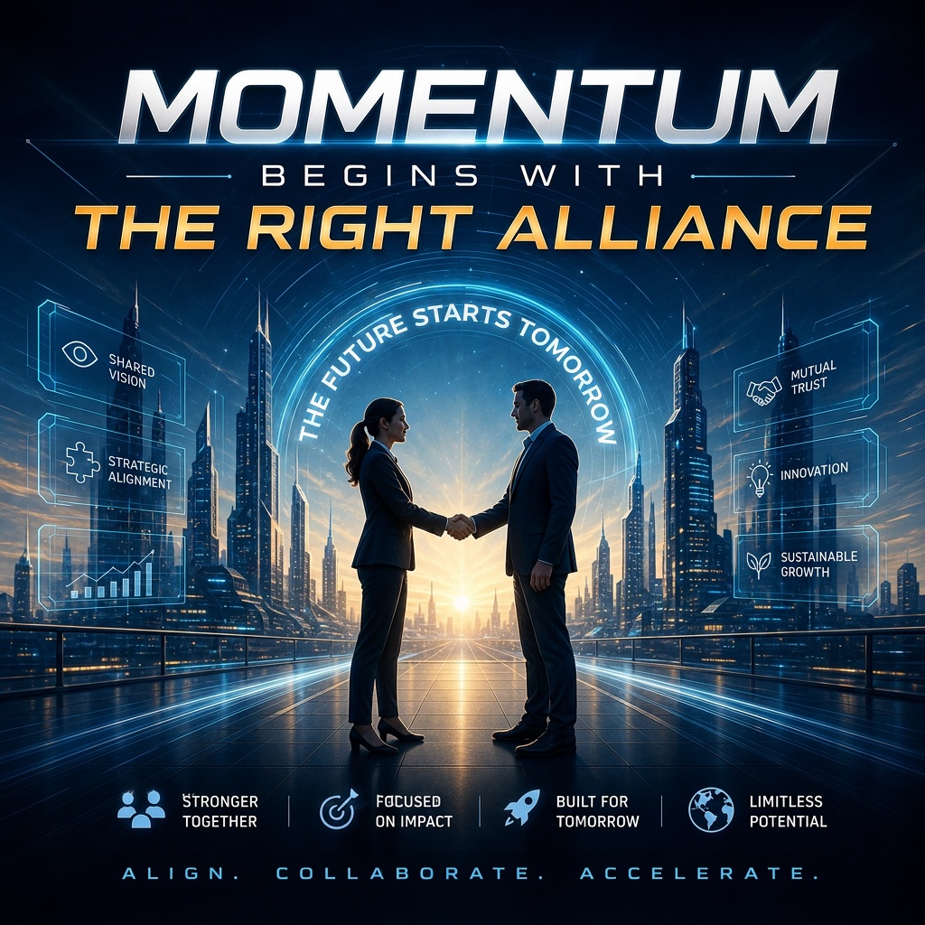 Business partners shaking hands in futuristic cityscape